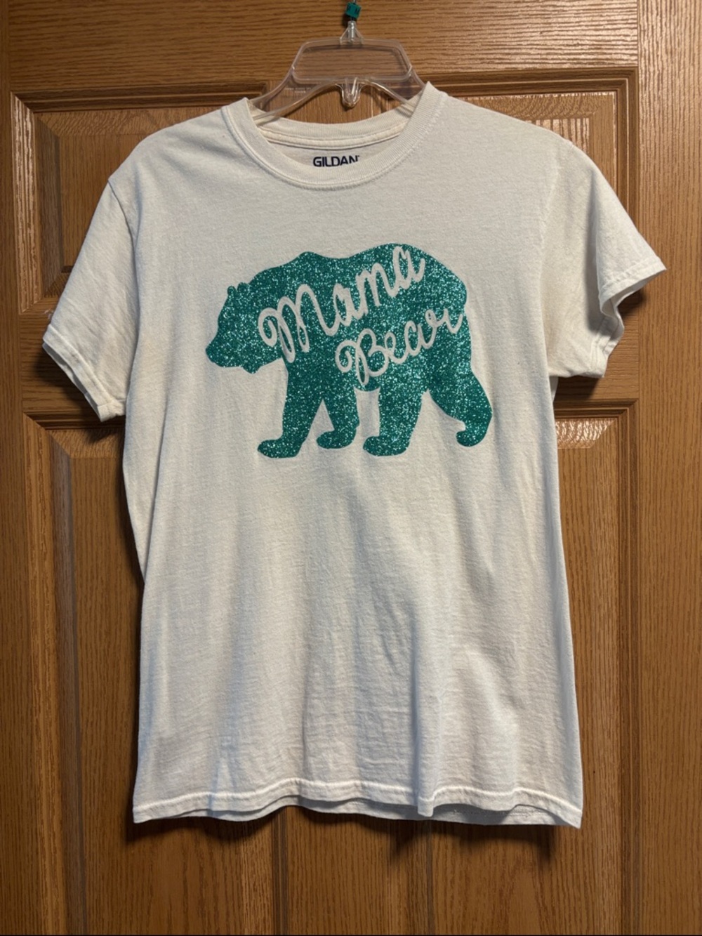 Gildan White Tee with Teal Glitter 'Mama Bear' Graphic
